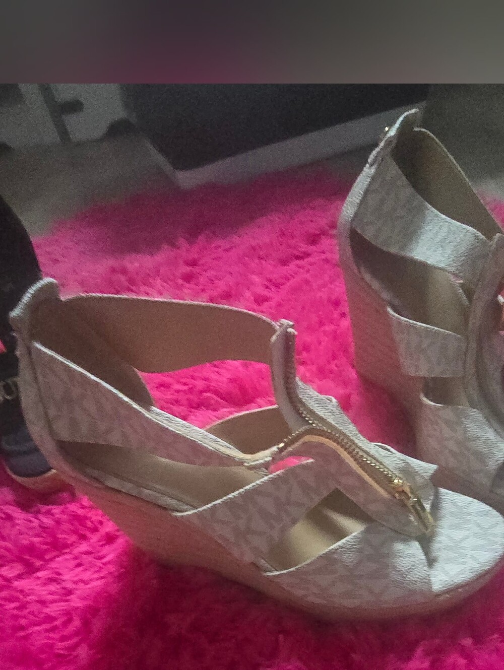 Michael Kors Cream Logo Platform Wedge Sandals with Gold Zip Detail